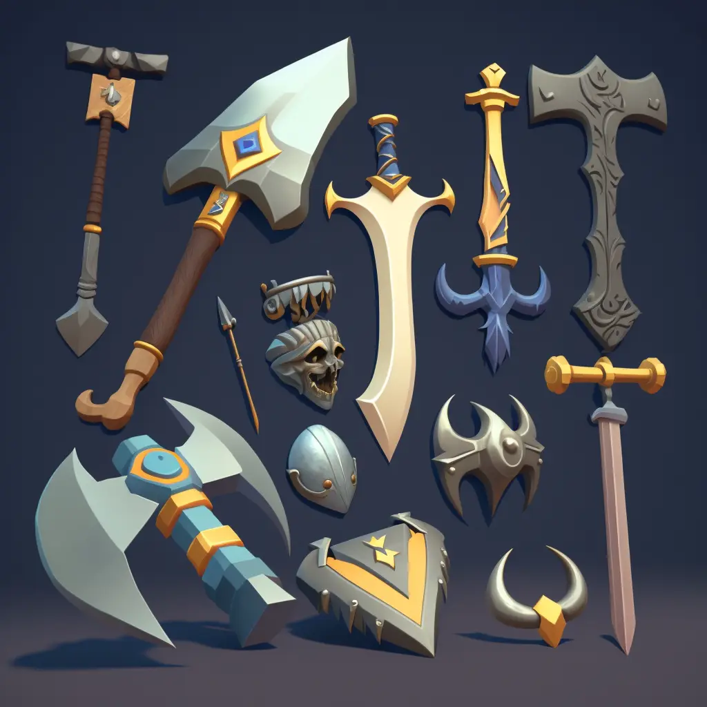 sheet of different types of swords and axes, clay render, blender, oily, shiny, bevel, smooth rendering, style of Hearthstone